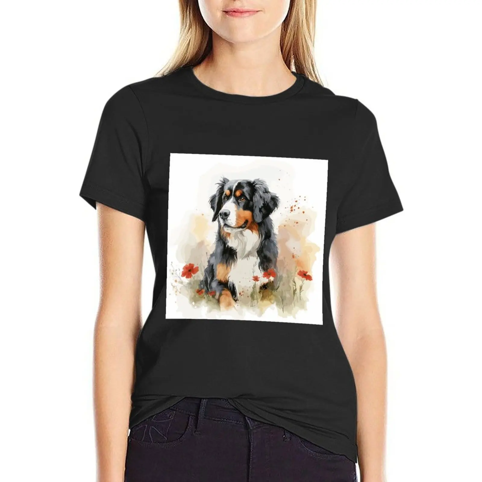 Watercolor flowers - Bernese Mountain Dog T-Shirt blacks funnys fashion woman blouse 2024