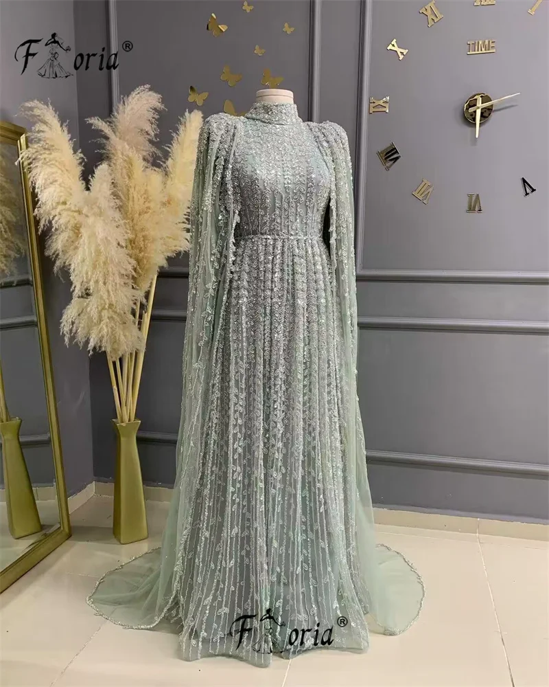 Elegant Dubai Woman Full Beads Evening Dresses with Cape High Neck Arabia Kaftan Formal Party Dress Muslim Couture Bespoke Robes