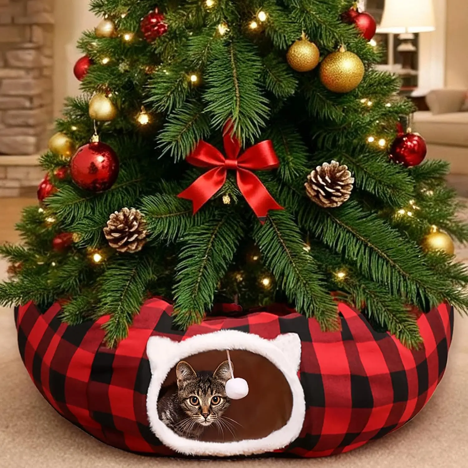 

Туннель для кошек в клетку буйвола — кровать-юбка в виде рождественской елки с подвесным шаром и двумя перетащинами — красный праздничный туннель для домашних животных