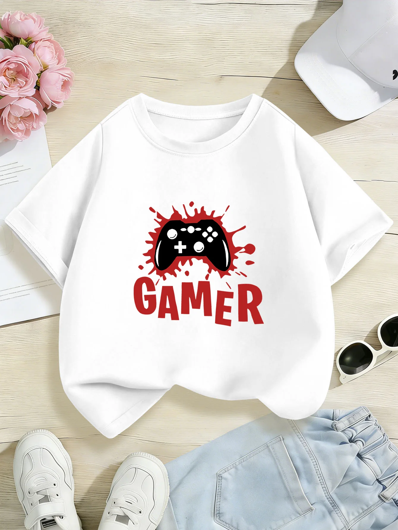 Cute Gamer Game Controller Splash Print Kids Tee Boys Girls Family Matching Cotton Crew Neck Short Sleeve Soft Summer Tee