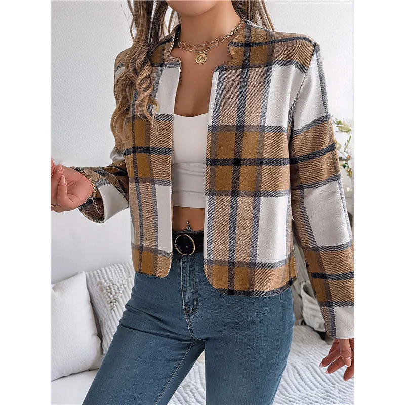 

ABRT-Women's Cropped Plaid Shacket Jacket Button Down Long Sleeve Shirts Tops