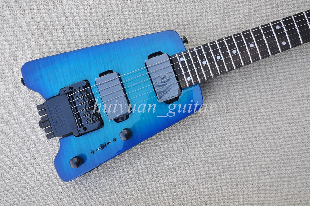Flyoung 6 Strings Blue Headless Floyd Electric Guitar with Flame Maple Veneer Rosewood Fretboard 24 Frets
