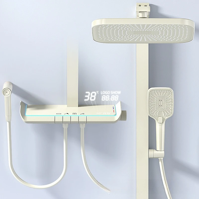 White Shower Set, Full Copper, Hot and Cold, Home Use, Top Spray, Creamy Style, Multi-Function, Rabbit Design, Bathroom Fixture