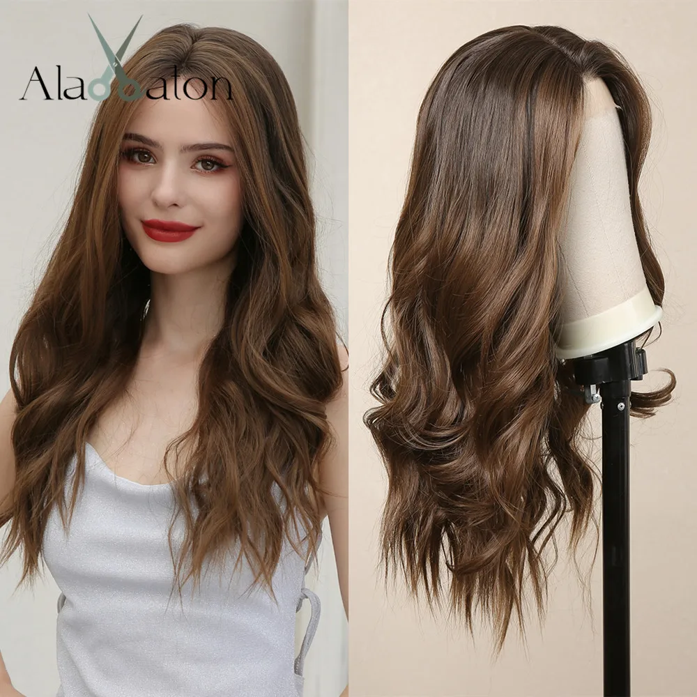 ALAN EATON 13*4 Lace Front Brown Synthetic Wigs Ombre Wave Lace Wig Natural Looking Wig with Baby Hair for Daily Women Fake Hair