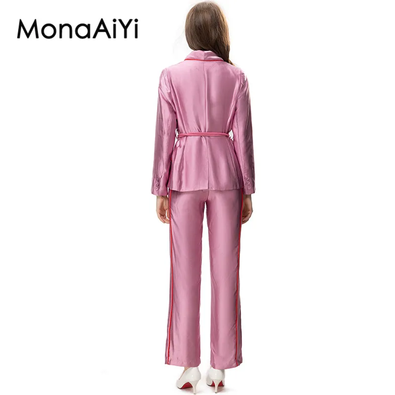 MonaAiYi Runway High Street Fashion Suit Designer Women's Lapel Long Sleeve Chinese Rope Strap Silk Tops+Trousers 2pcs Set