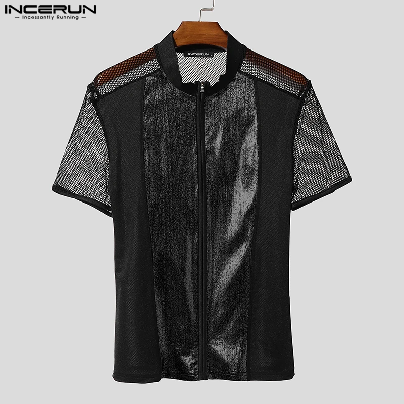 

INCERUN Men T Shirt Shiny Mesh Patchwork See Through Short Sleeve Male Tee Tops Zipper Sexy 2025 Streetwear Fashion Men Clothing