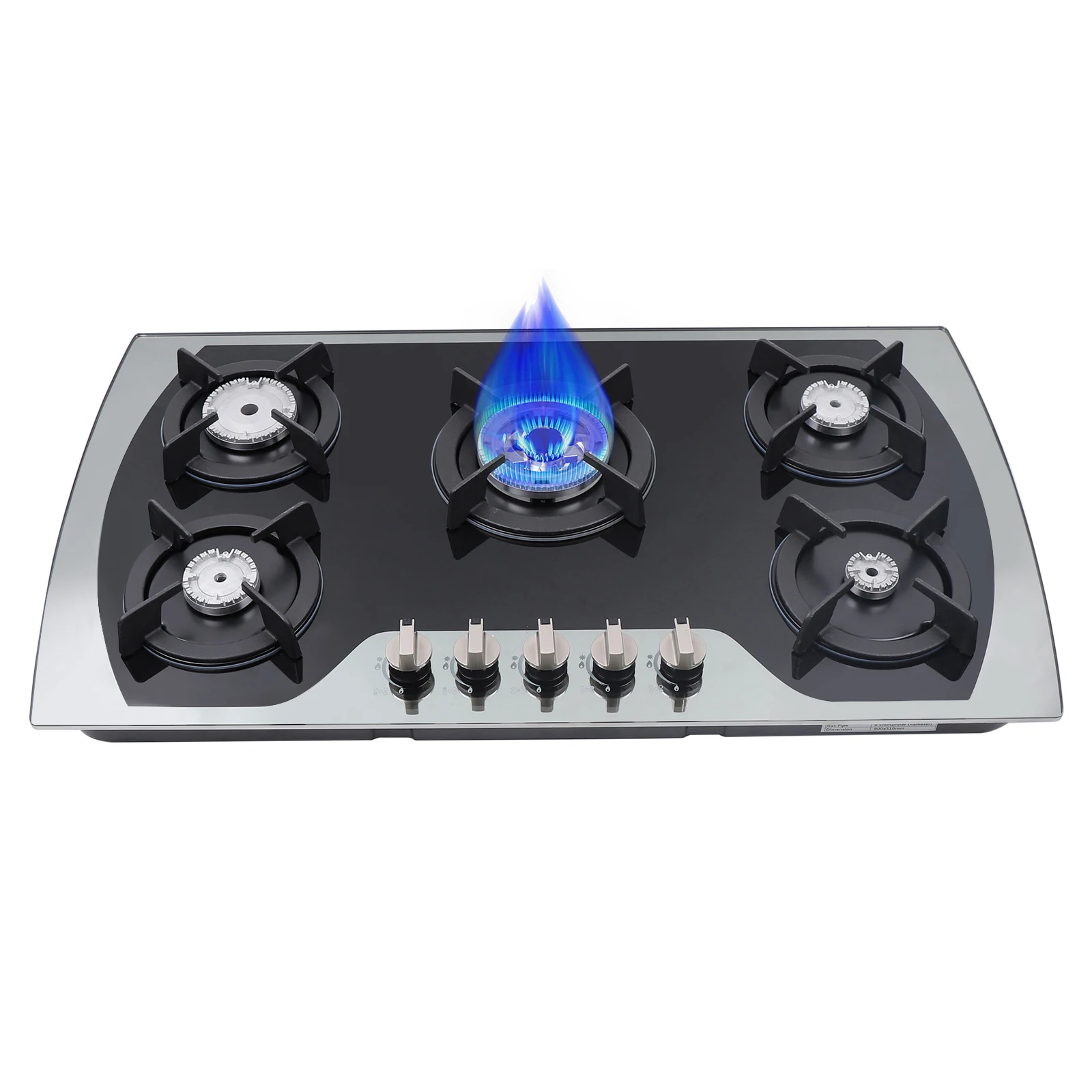 Placa de cocción a gas de 5 quemadores - Estufa empotrada para GLP, gas natural, vidrio negro, potencia de hasta 10.25 kW (3 + 2.75 + 1.75 + 1.75 + 1 KW) 	 Negro