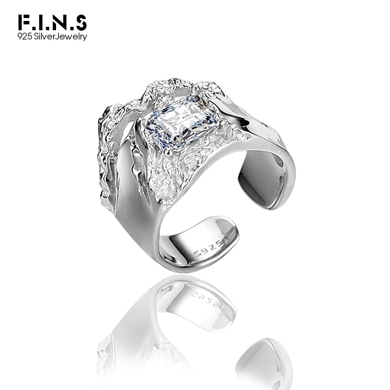 

F.I.N.S Punk S925 Sterling Silver Zircon Ring Wide Open Resizable Index Mid Finger Ring Luxury Wedding Party Statement Ring Gift