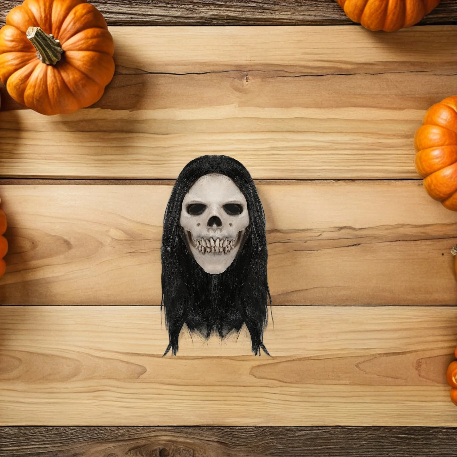 

Halloween Skull Mask Full Head Realistic Latex Headgear with Hair Scary Cosplay Haunted Masquerade Costume