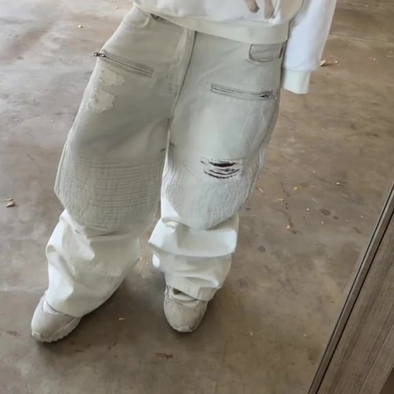 Y2K Retro Biker Denim Pantaloni Tasca con cerniera Fori in difficoltà Jeans increspati New Trendy High Street Streetwear Pantaloni larghi unisex
