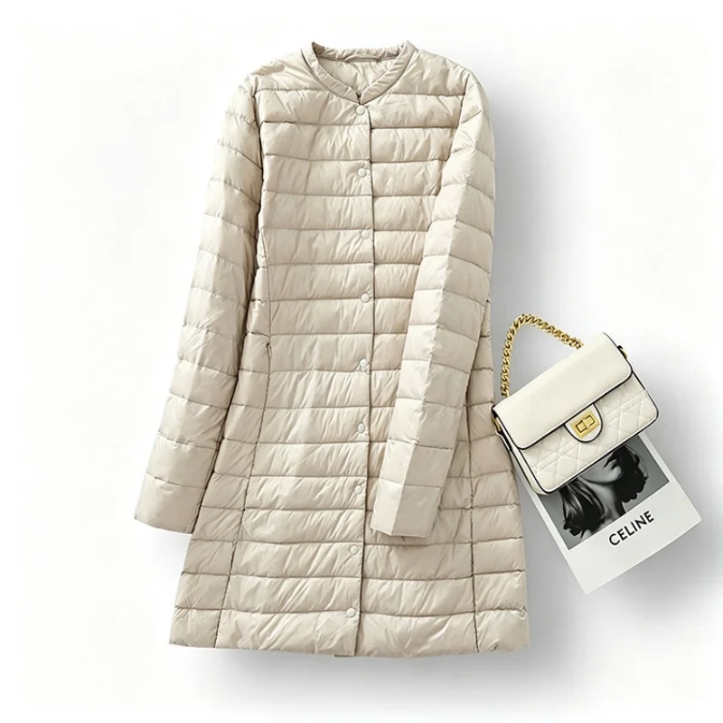 Autumn Winter Single-breasted Midi Long Down Coat Women Ultra Light White Duck Down Jacket Parkas Ladies Bigsize Puffer Outwears