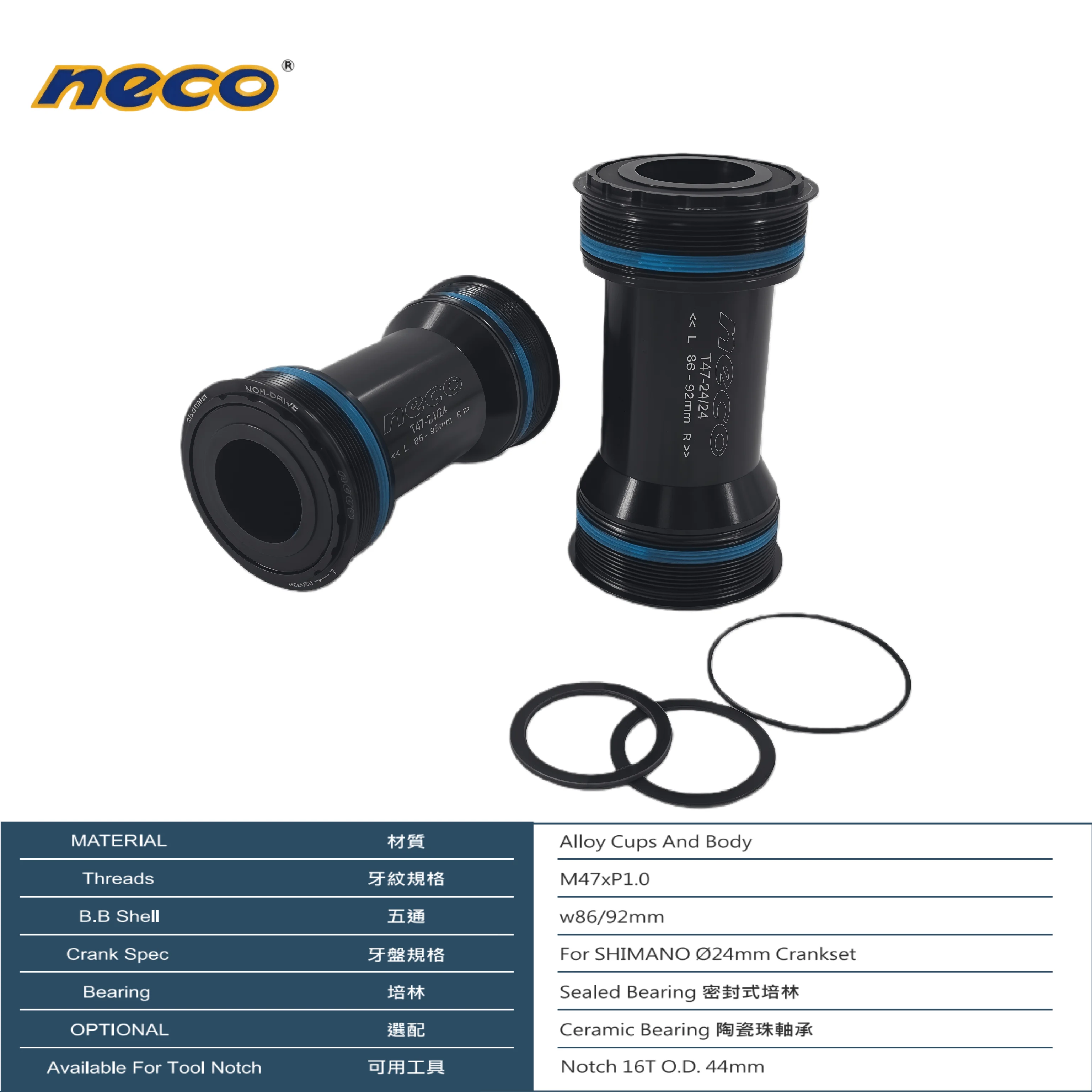 

NECO Bicycle T47 Threaded Bottom Bracket 86-92mm Inner Diameter 24mm Hollow Integrated Crank Threaded-In BB