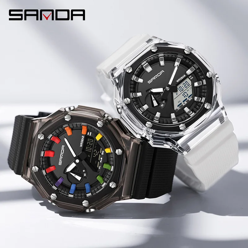 Jam Tangan SANDA 3341 Fashion Sport Quartz Dual Display Anti Air Bercahaya Kronograf Alarm untuk Pria Reloj Hombre