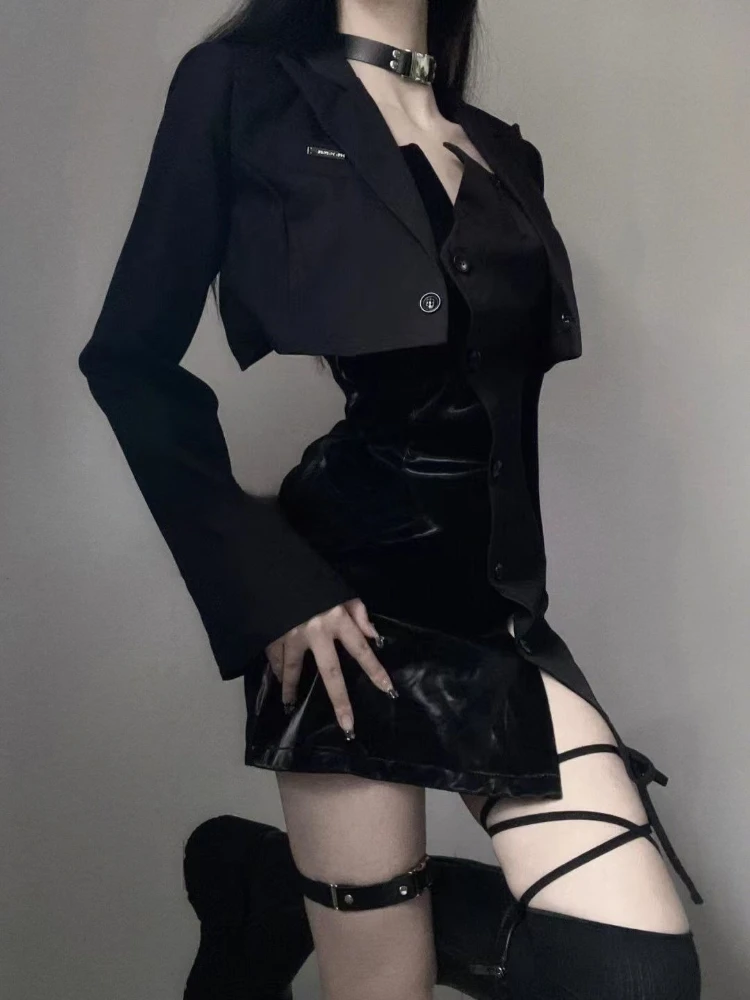 ハロウィン ゴシック ダークドレスセット レディース セクシー ブラック イレギュラー ミニドレス + ショートコート パンク グランジ ヴィンテージ パーティー Y2K スーツ 秋