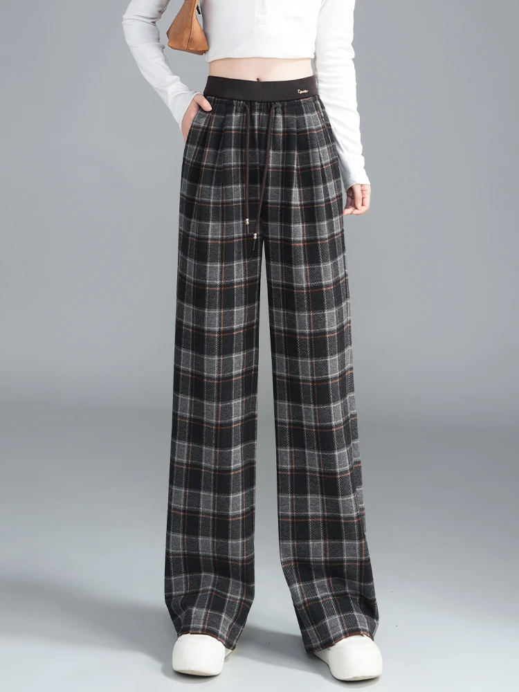 

Шерстяные брюки в клетку с высокой талией, широкие, прямого кроя, свободные, повседневные, в корейском стиле, для осени и зимы, для женщин, для офиса