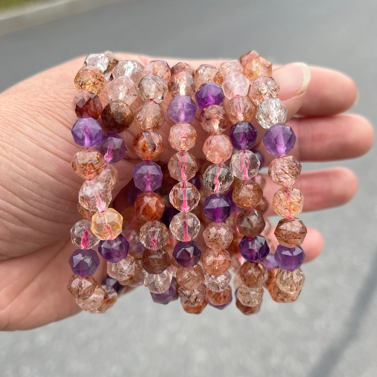 JD الحجر الطبيعي سوبر سبعة الكوارتز الأوجه حبة سوار المرأة جميلة شفاء كريستال تمتد أساور الأزواج اليد سلسلة #6