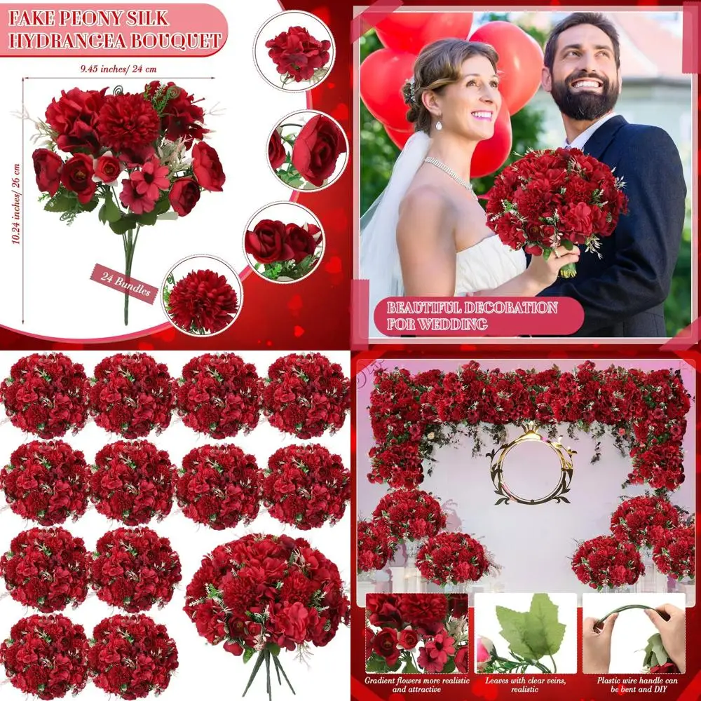 

Artificial Peonies & Silk Roses Bouquet, Hydrangea Faux Flowers for Wedding Centerpieces, Home & Office Decor (Wine Red)