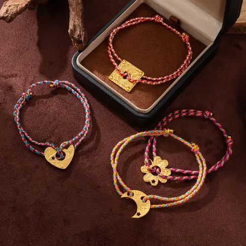 New niche retro style bracelet with moon heart and four leaf clover plated 18k color preserving stainless steel bracelet rope - Image 4