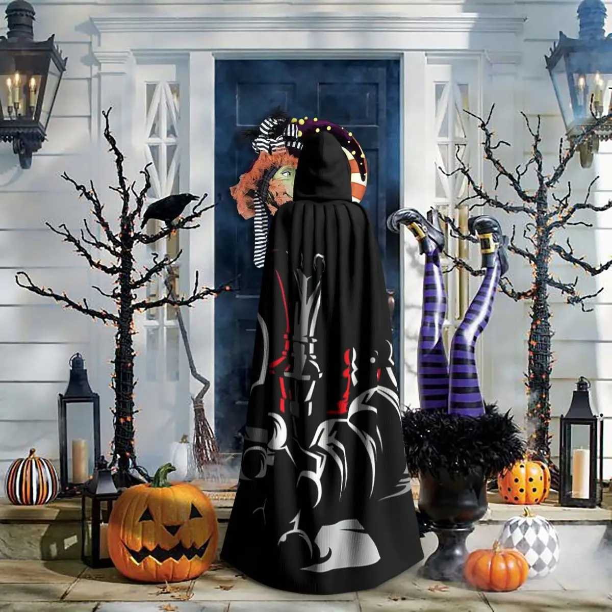 ملصق فني لعبة الشطرنج الشطرنج جودة عالية طويلة مقنعين عباءة الساحرة القرون الوسطى زي تأثيري كيب HalloweenParty الكبار للجنسين