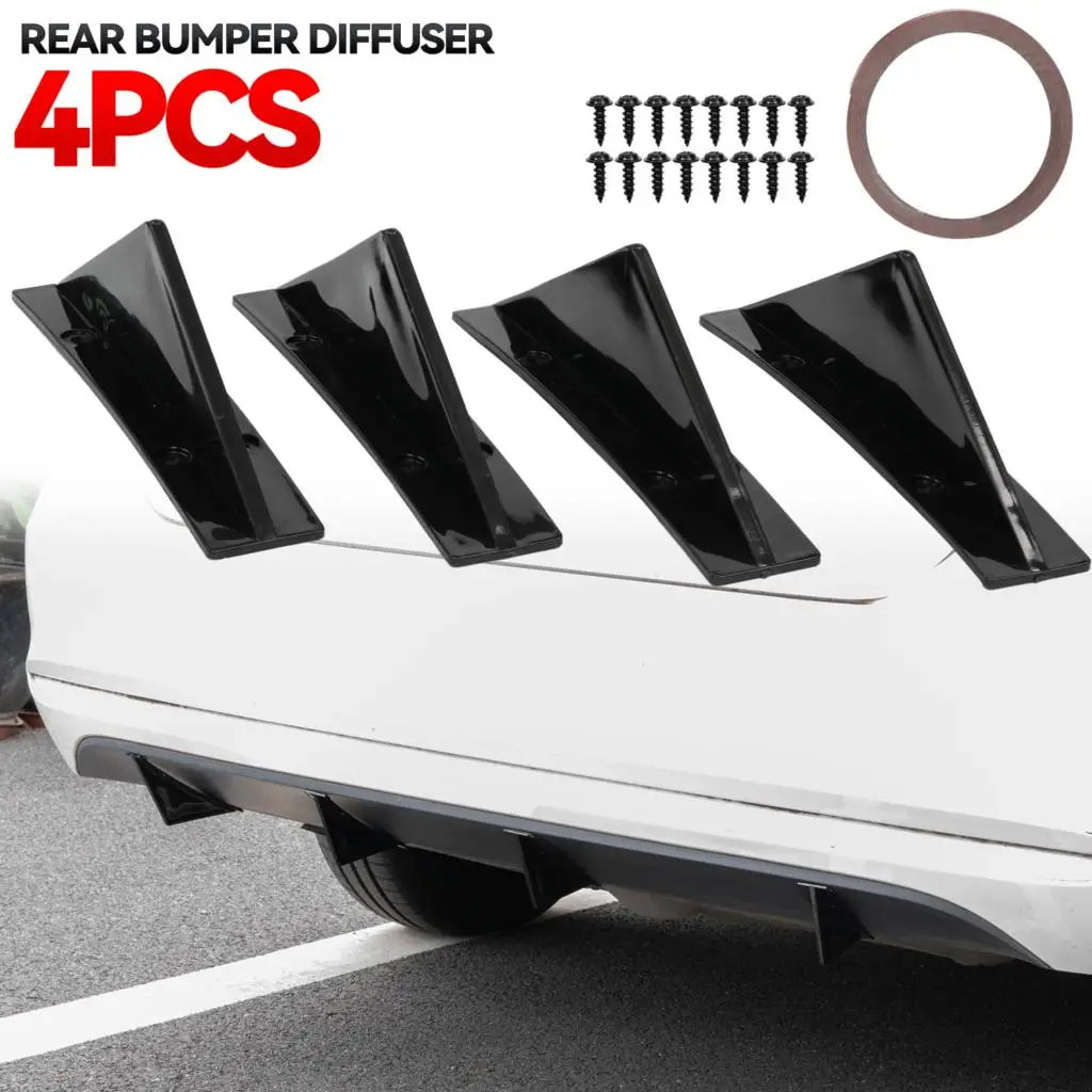 

4Pcs Curved Car Rear Bumper Addon Lip Diffuser Shark Fin Universal Spoiler Splitter Fashion Car-Styling Accessories Glossy Black