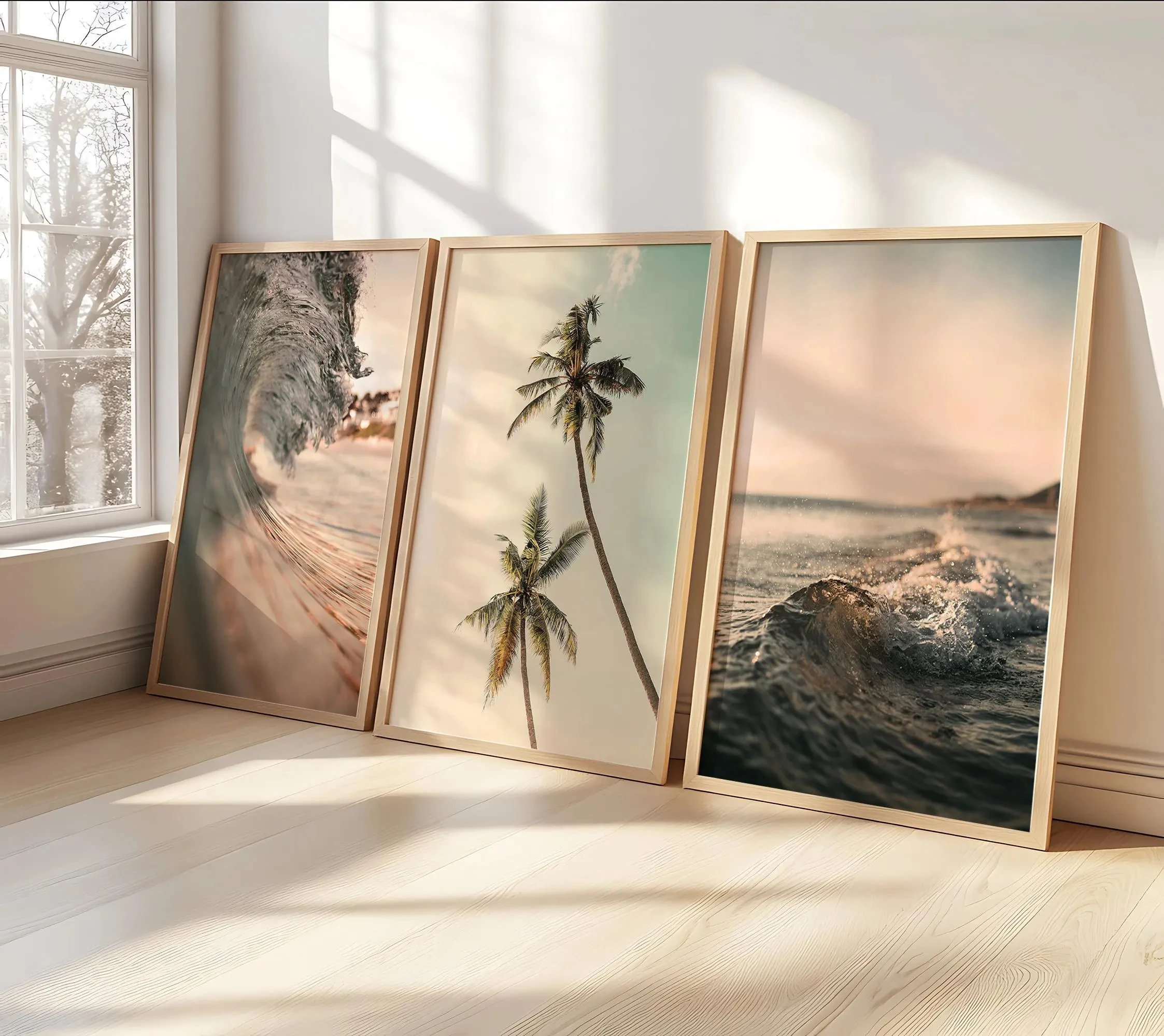 3pcs frameless Canvas Painting Coastal Tropical Beach Wall Art Set,Neutral Pastel Ocean Wave Palm Tree Canvas Prints, Boho Minim