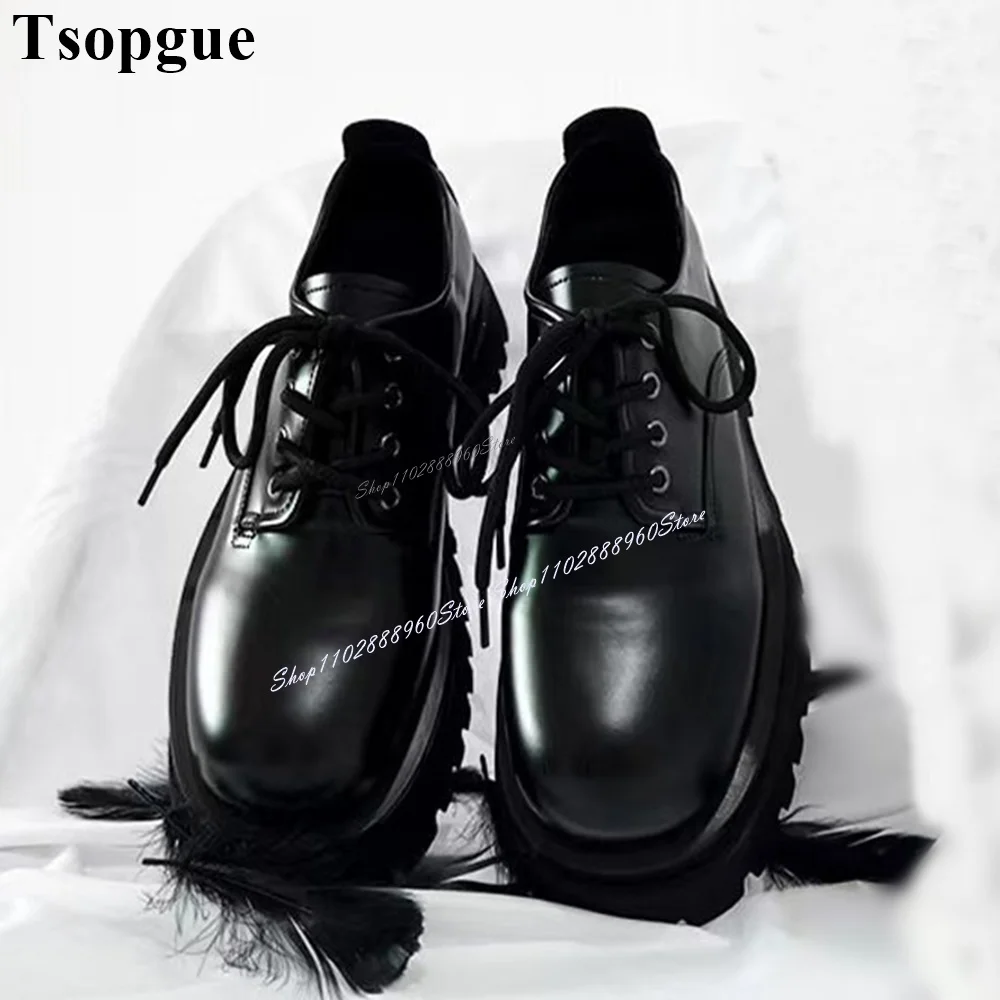 British Style Cross-Tied Black Thick-Soled Men' s Pumps Men Shoes Slip-On Runway Casual Party Shoes 2023 Fashion Zapatillas Muje