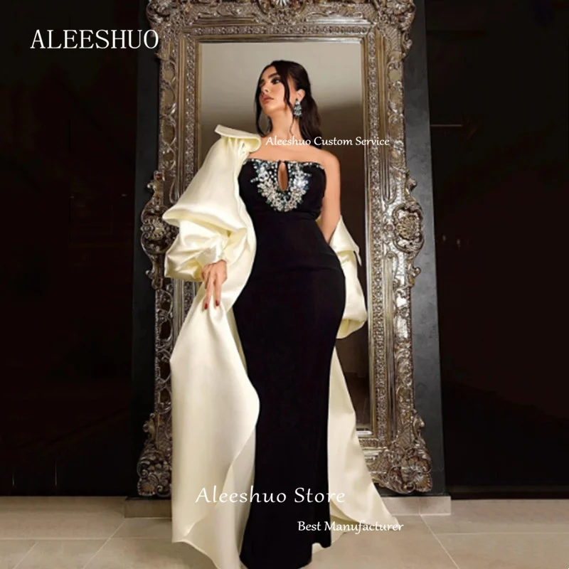 Aleeshuo elegante schwarze formale Ballkleid Meerjungfrau Kristall Perlen lange Ärmel Abendkleid träger lose Arabien Party kleider Dubai