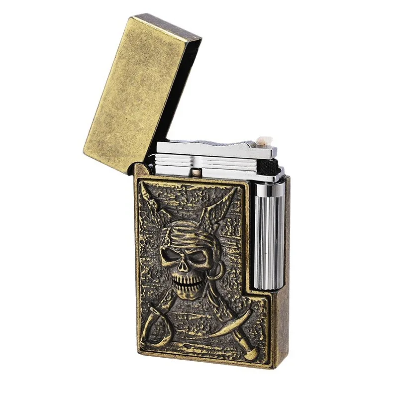 Vintage Pirate Relief Lighter with Gasoline Flint Wheel and Side Ignition Premium Gift Liquid Ding Bronze ColorLighter