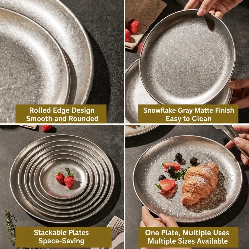 304 Stainless Steel Round Dinner Plate Vintage Worn Finish Industrial Style Coffee Tray Flat Round Shape Snack Dish