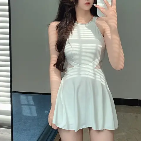 화이트 스커트 수영복 복서 반바지 여성용 원피스 수영복 섹시한 비키니 백 레스 수영복