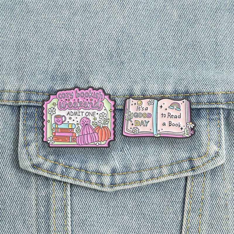 Cozy Bookish Weekend Enamel Pins It's A Good Day To Read A Book Brooches Autumn Lapel Badge Reading Jewelry Gift for Friends