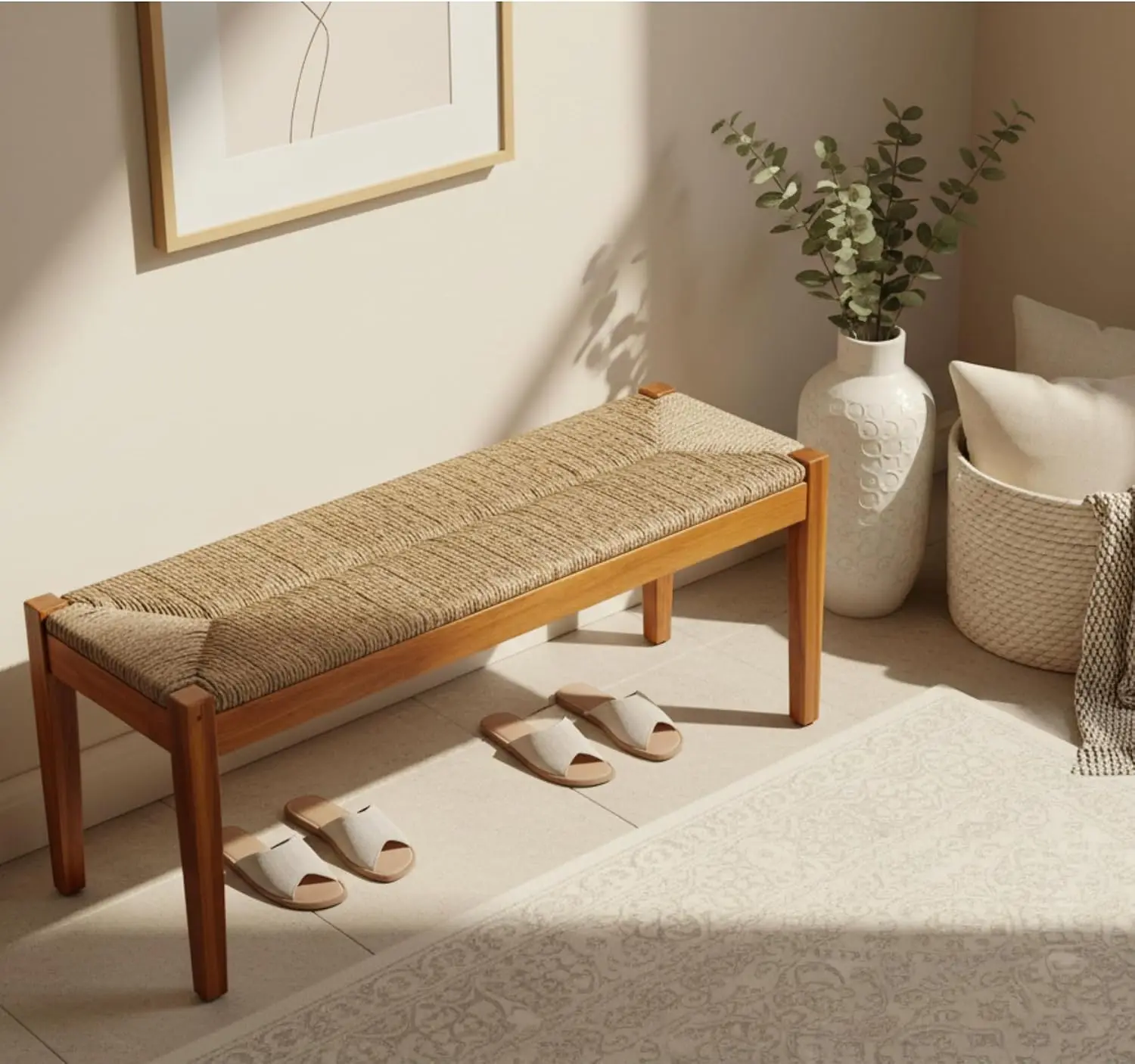 Vintage Entryway Bench, 46 inch Acacia Wood with Woven Seagrass Seat, Brown | Decorative Wicker Bench Indoor, Hallway, End of Be