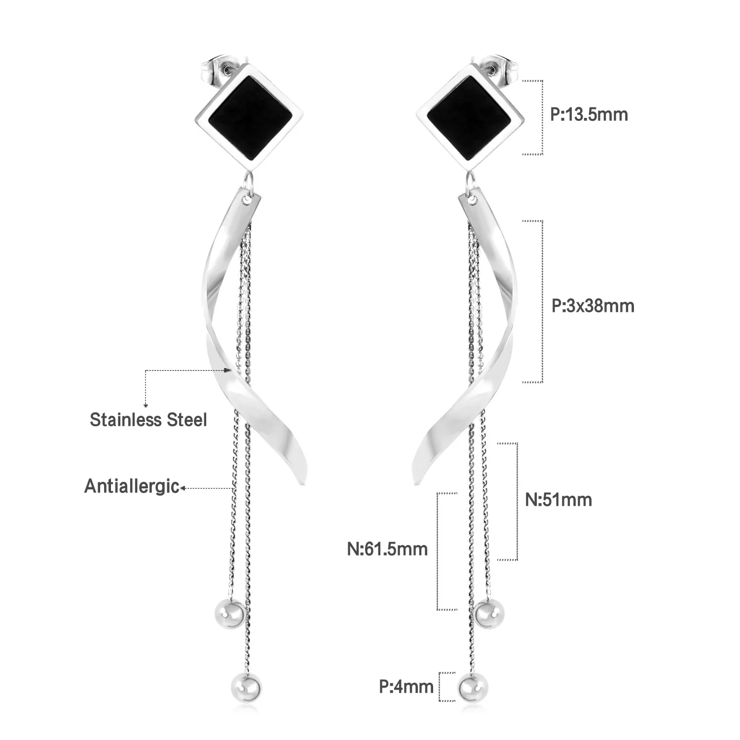 Stainless Steel Geometric Black Inlay Tassel Stud Earrings Hypoallergenic Tarnish Free Silver Cold Elegant Women Ear Jewelry