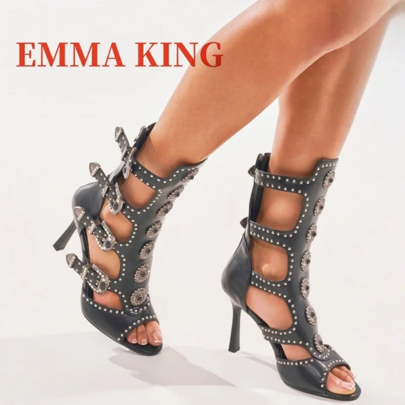 Women's Black Gladiator High Heel Sandals, Open Toe Cutout Ankle Boots with Studs & Buckle, Embellished Western Stiletto Sandals
