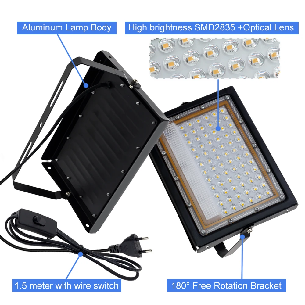 AC-220V LED الكاشف 50 واط 100 واط IP65 مقاوم للماء مصباح ألومنيوم الجسم SMD2835 سطوع عالية رقاقة في الهواء الطلق RGB مصباح ليد الكاشف