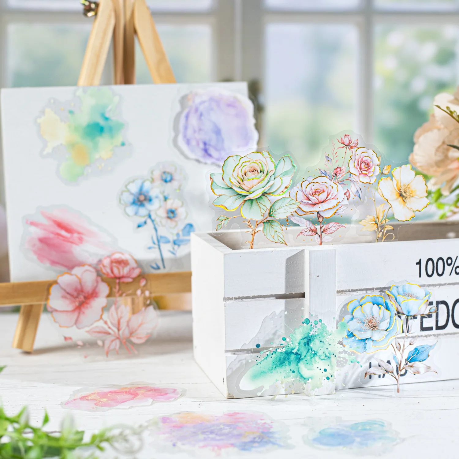 15PCS/Pack Floral Splendor Series PET Stickers, Gradient Wash Gold Foil Stickers DIY Journal Scrapbooking Collage Decor Supplies