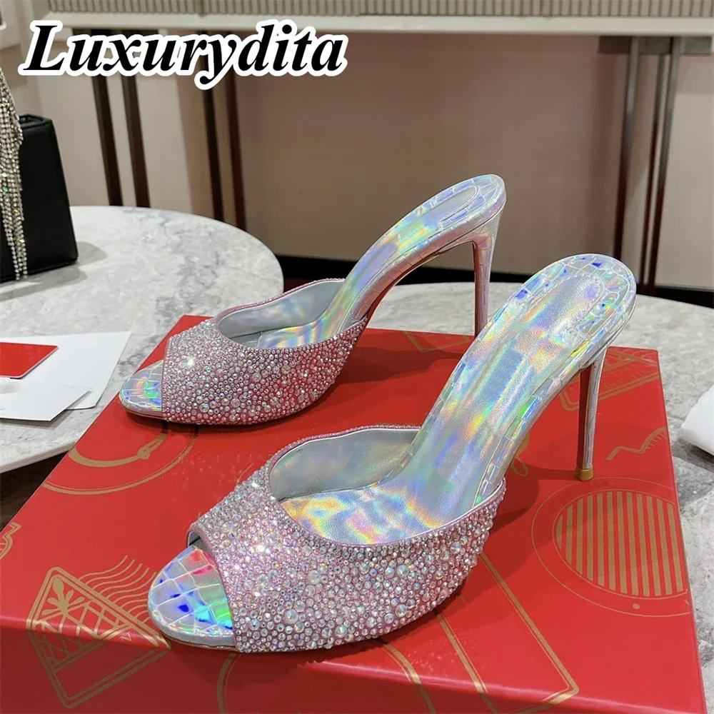 

LUXURYDITA Women Crystal Sandal Luxury High Heels Designer Can Customize Red Heel Me Dolly Socialite Dinner Mules shoes H101