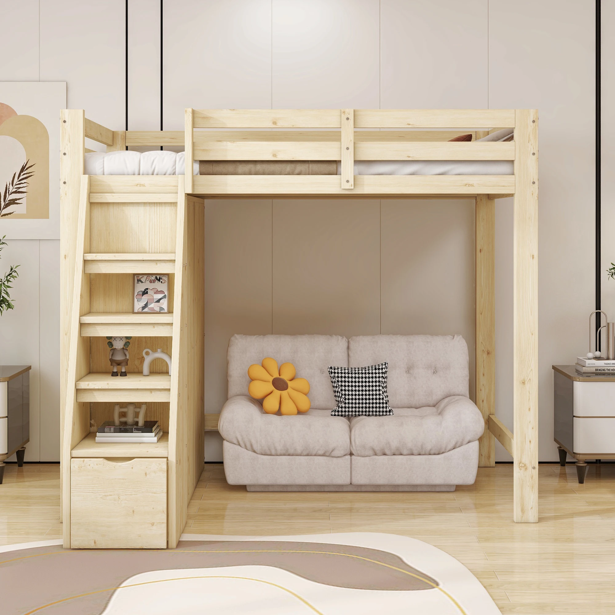 High bed 90*200cm with storage safety climbing ladder with storage closet single bed youth bed Children bed