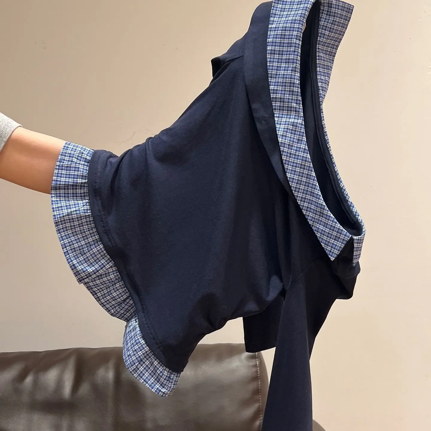 New Women's Autumn And Spring Fashion Pleated Slimming One-shoulder Two-piece Plaid Spliced Long Sleeve T-shirt