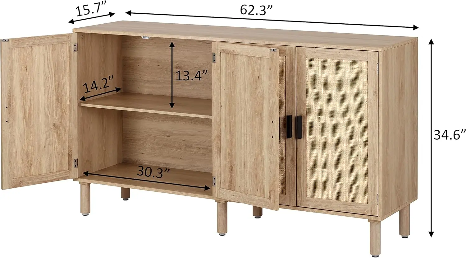4 Door Sideboard Buffet Cabinet, Kitchen Storage Cabinet with Rattan Decorated Doors, Cupboard Console Table