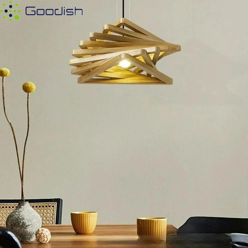 Medieval Bauhaus Multi Layer Wooden Triangular Frame LED Pendant Lights Fashion Lamps for Living Room Home Decoration Chandelier