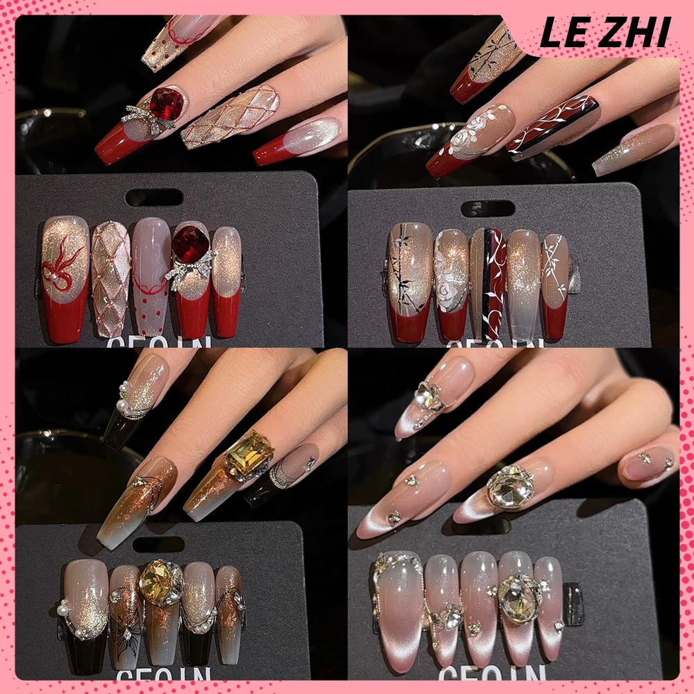 

10Pcs Cat Eyes Long Coffin Ellipse Handmade French Press On Nails High Quality Butterfly Flowers Diamond Nails Party Sticker