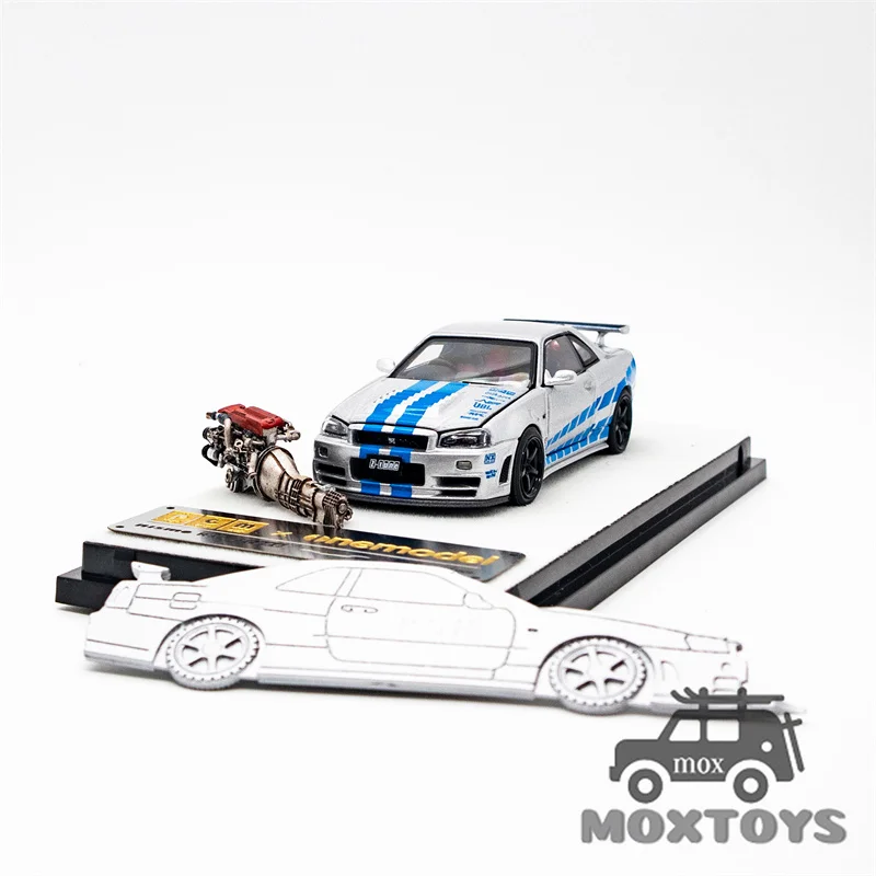 PGM x One model 1:64 GTR R34 Z-TUNE Silver Blue Limited999 Diecast Model Car