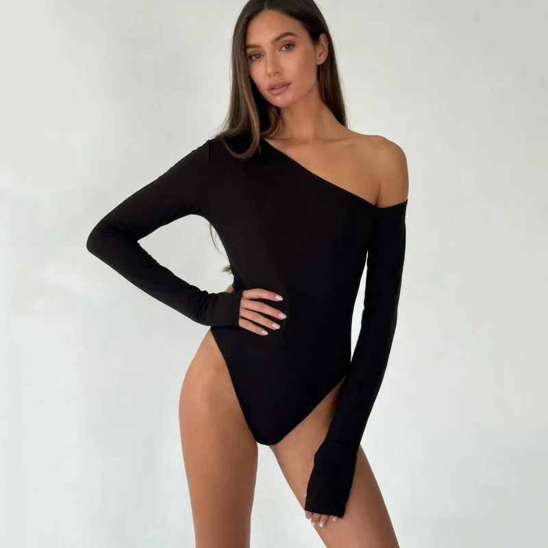 Women Sexy Backless Bodysuits Inclined Shoulder Long Sleeve Black Skinny Basic Rompers Clubwear Tops Fashion Streetwear Tees