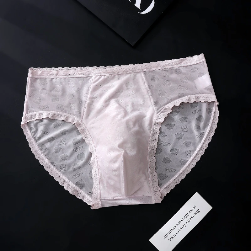 Sissy Lingerie For Men Briefs Lace Edge Love Ice Silk Seamless Panties Pouch Thin Underwear See Through Elastic Underpants