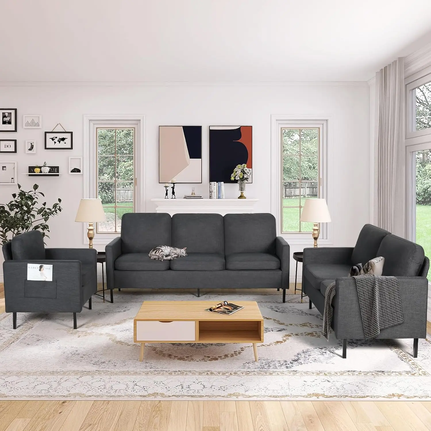 

3 Piece Living Room Furniture Sets, 3 Seat Couch and Loveseat with 2 USB, Single Sofa Accent Chair, Modern Small Couches