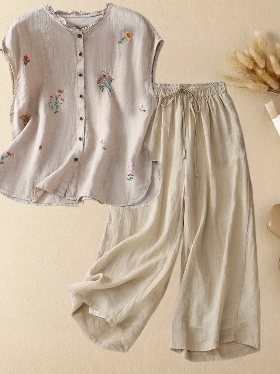 

Летний модный комплект: женская хлопково-льняная рубашка без рукавов и брюки с широкими штанинами, льняной комплект из двух предметов, одежда для мам, антивозрастной стиль, повседневный образ