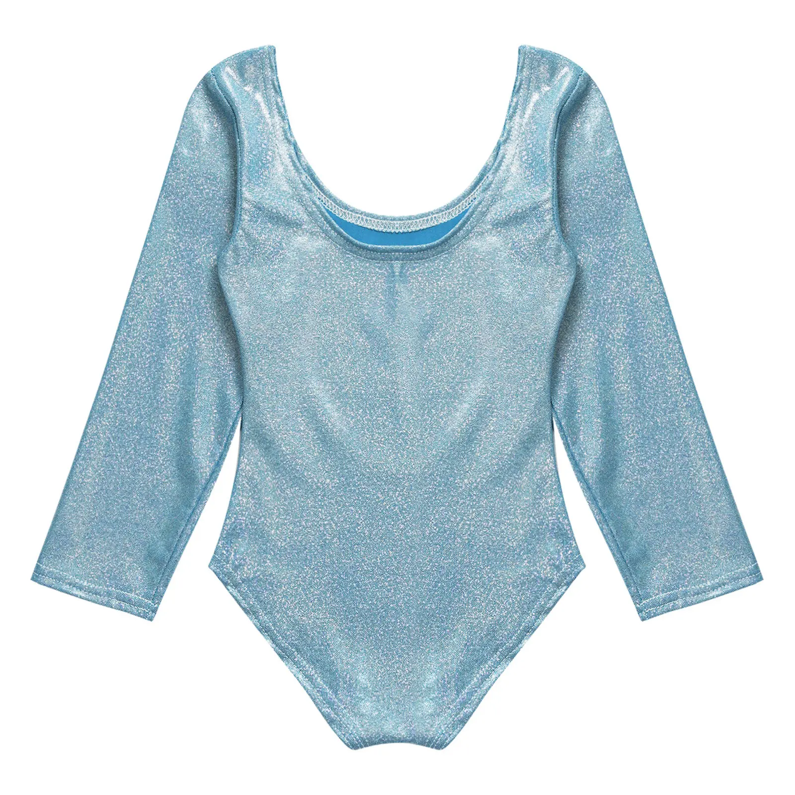 Kids Girls Ballet Leotards Gymnastics Workout Yoga Sports Outfit Long Sleeve Scoop Neck Shiny Metallic U Back Bodysuit Dancewear