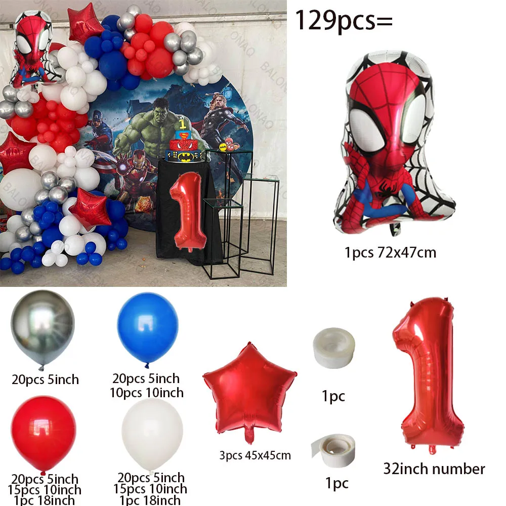 129pcs Spiderman Foil Balloons Cartoon Kids Birthday Party Decoration Baby Shower Super Hero Party Balons Toys Air Globos