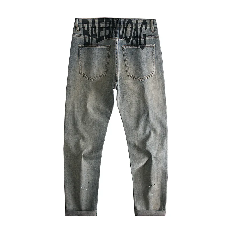 Street trend printed jeans for men, slim fit straight leg elastic high-end fashion personality trend long pants